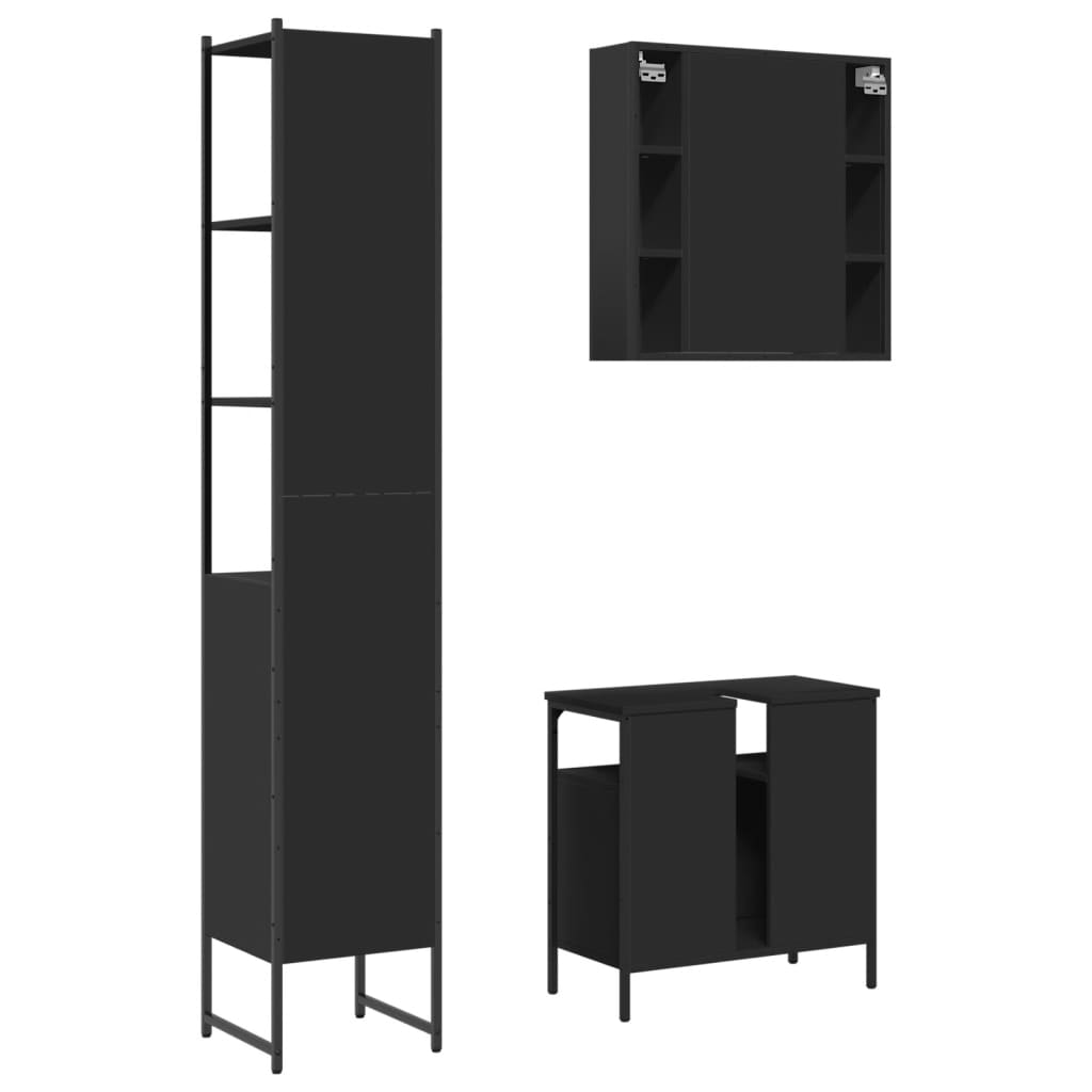 3 Piece Bathroom Cabinet Set Black Engineered Wood