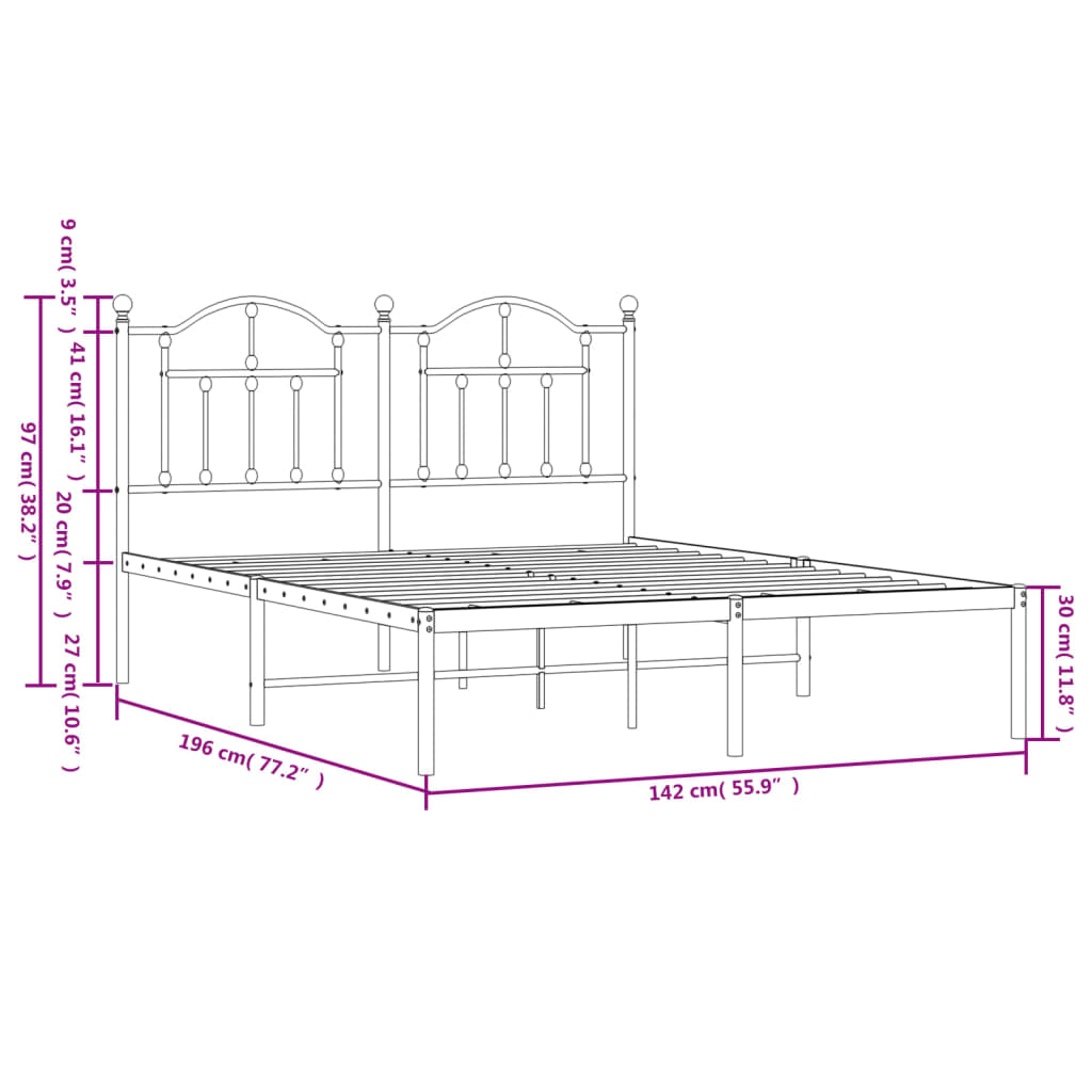 Metal Bed Frame without Mattress with Headboard White 53.1"x74.8"