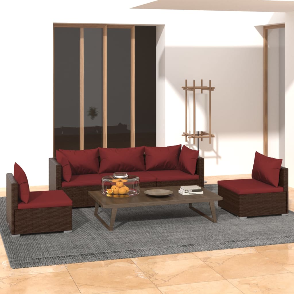 5 Piece Patio Lounge Set with Cushions Poly Rattan Brown