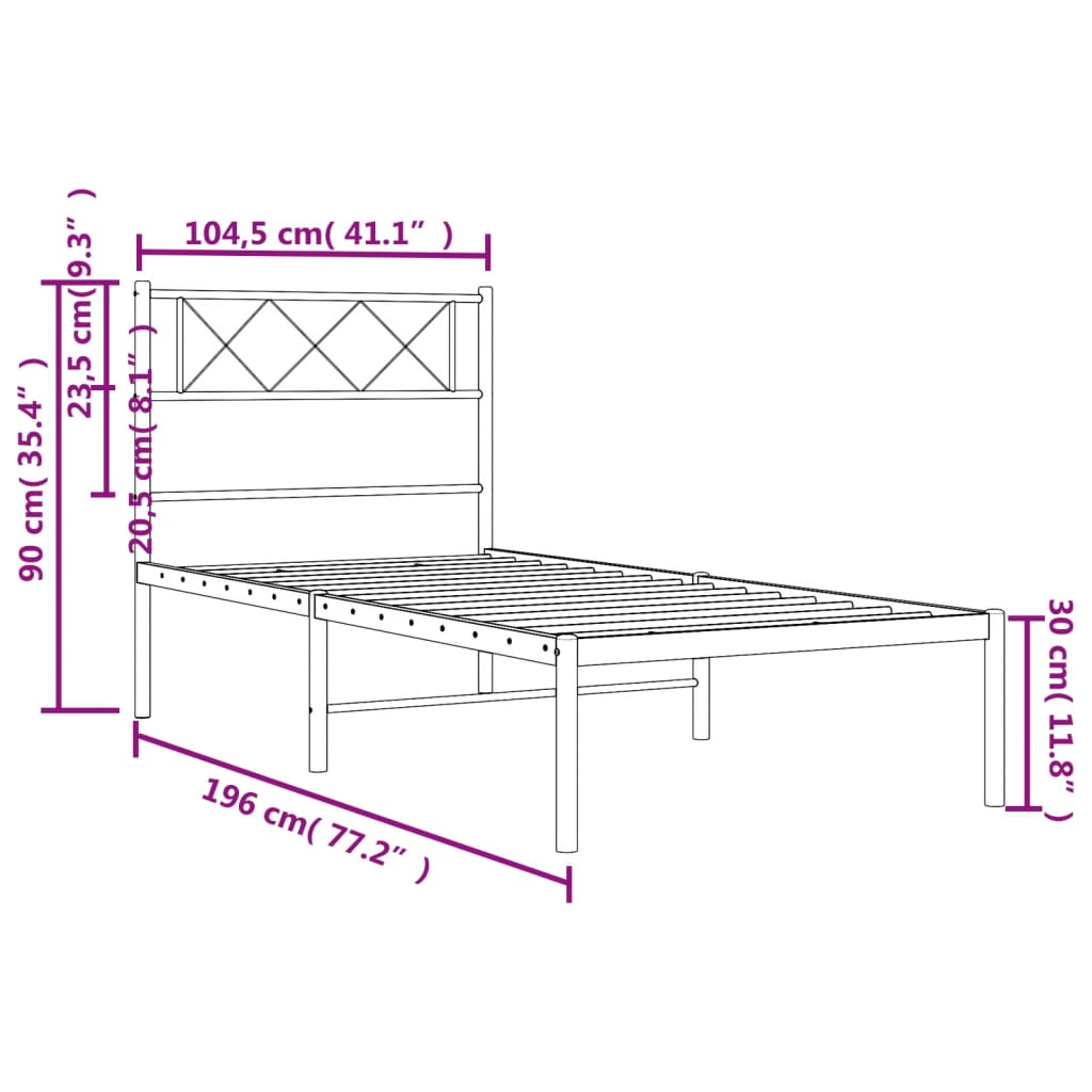 Metal Bed Frame without Mattress with Headboard White 39.4"x74.8"