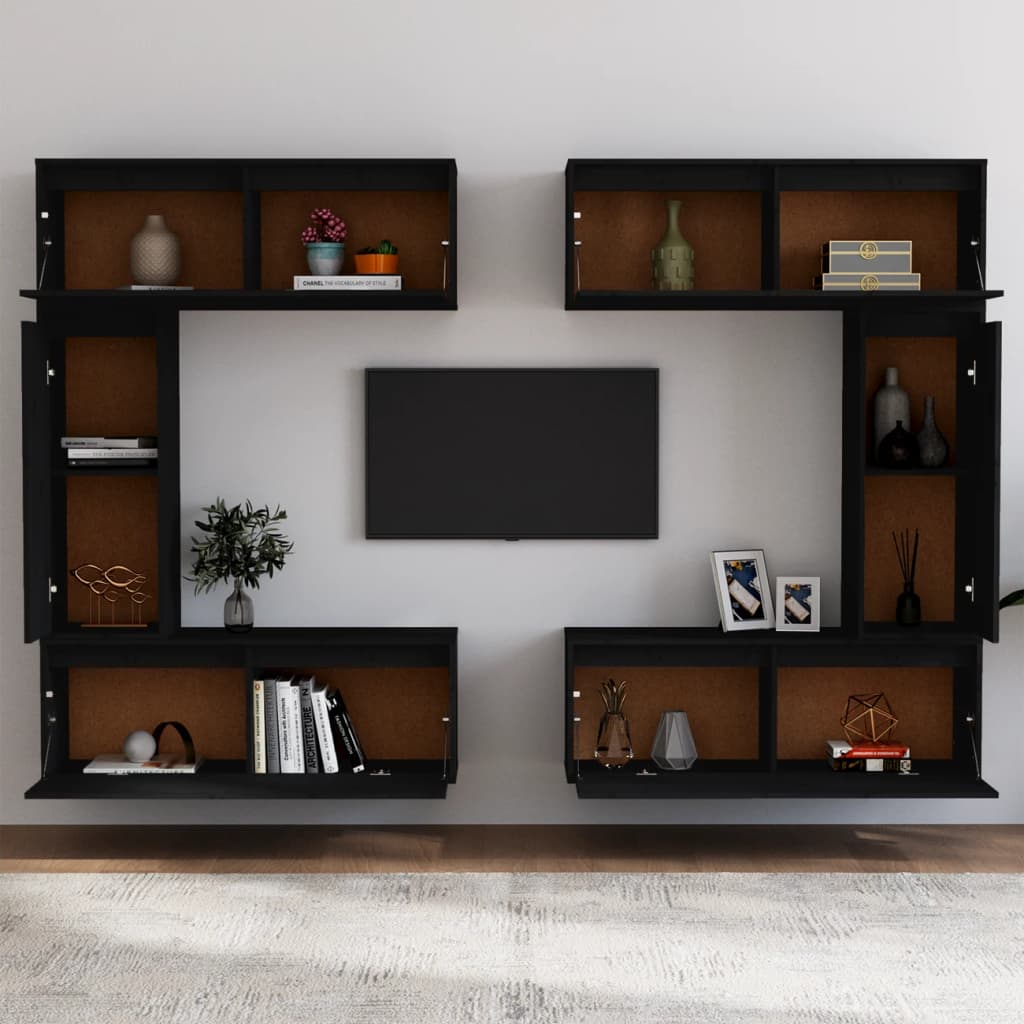 TV Stands 6 pcs Black Solid Wood Pine