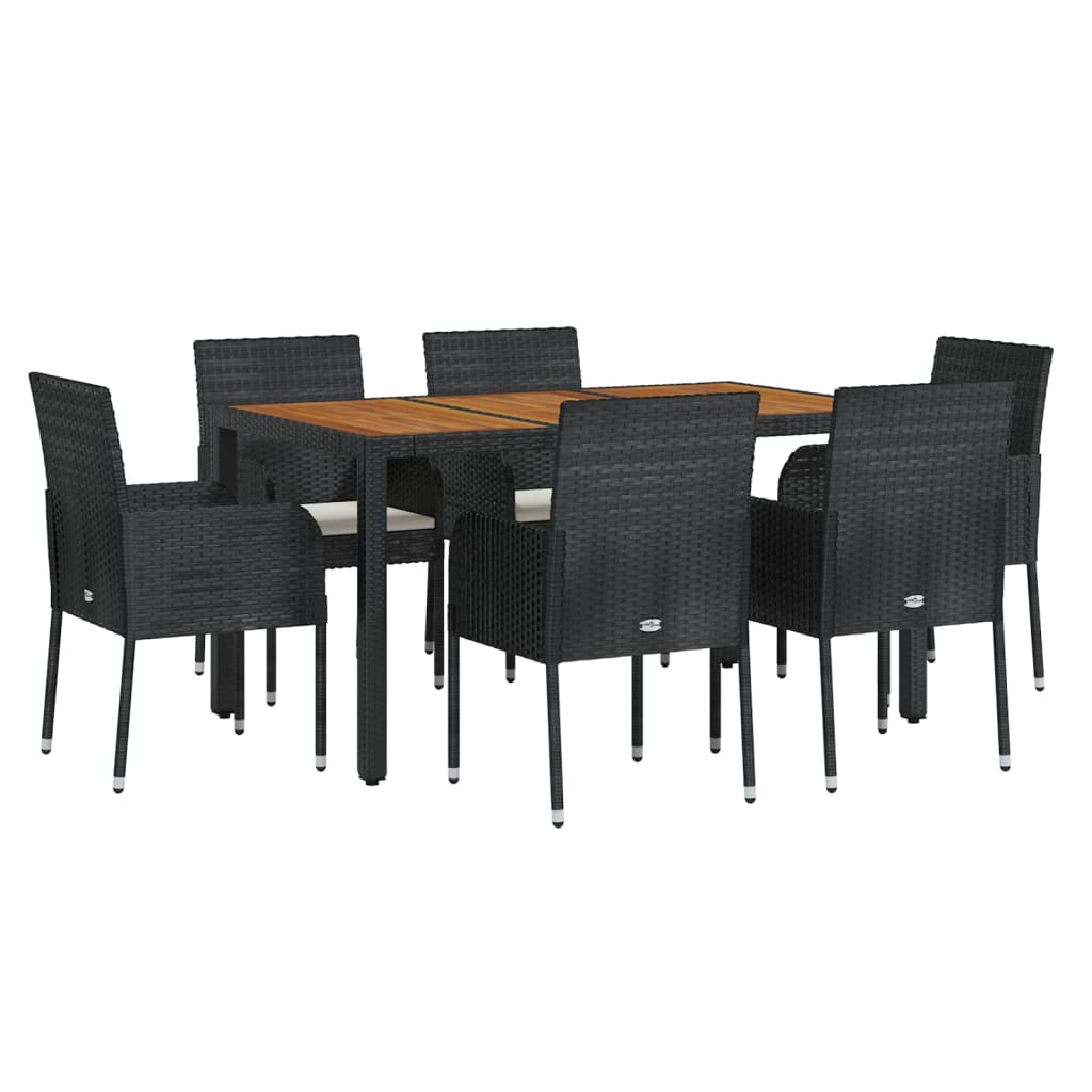 7 Piece Patio Dining Set with Cushions Black Poly Rattan