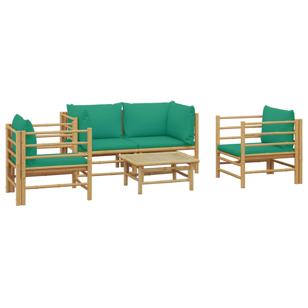 5 Piece Patio Lounge Set with Green Cushions Bamboo