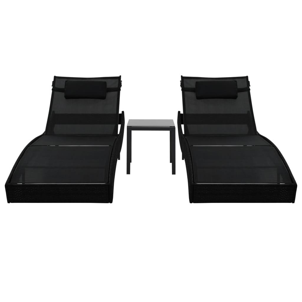 Sun Loungers 2 pcs with Table Poly Rattan and Textilene Black