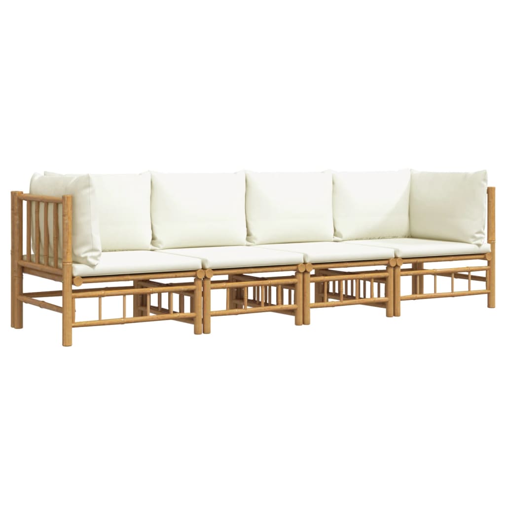 4 Piece Patio Lounge Set with Cream White Cushions Bamboo