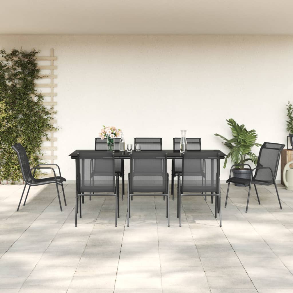 9 Piece Patio Dining Set Black Steel and Textilene