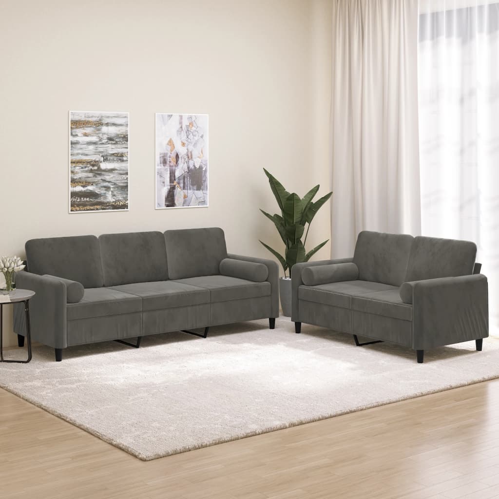 2 Piece Sofa Set with Throw Pillows&Cushions Dark Gray Velvet