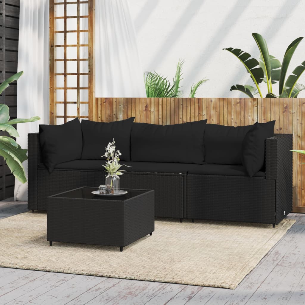 4 Piece Patio Lounge Set with Cushions Black Poly Rattan