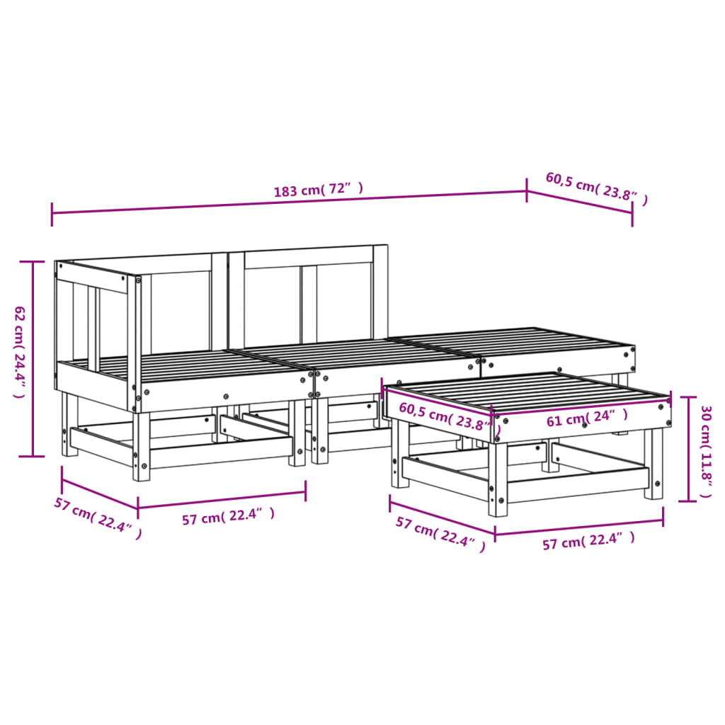 4 Piece Patio Lounge Set White Solid Wood Pine