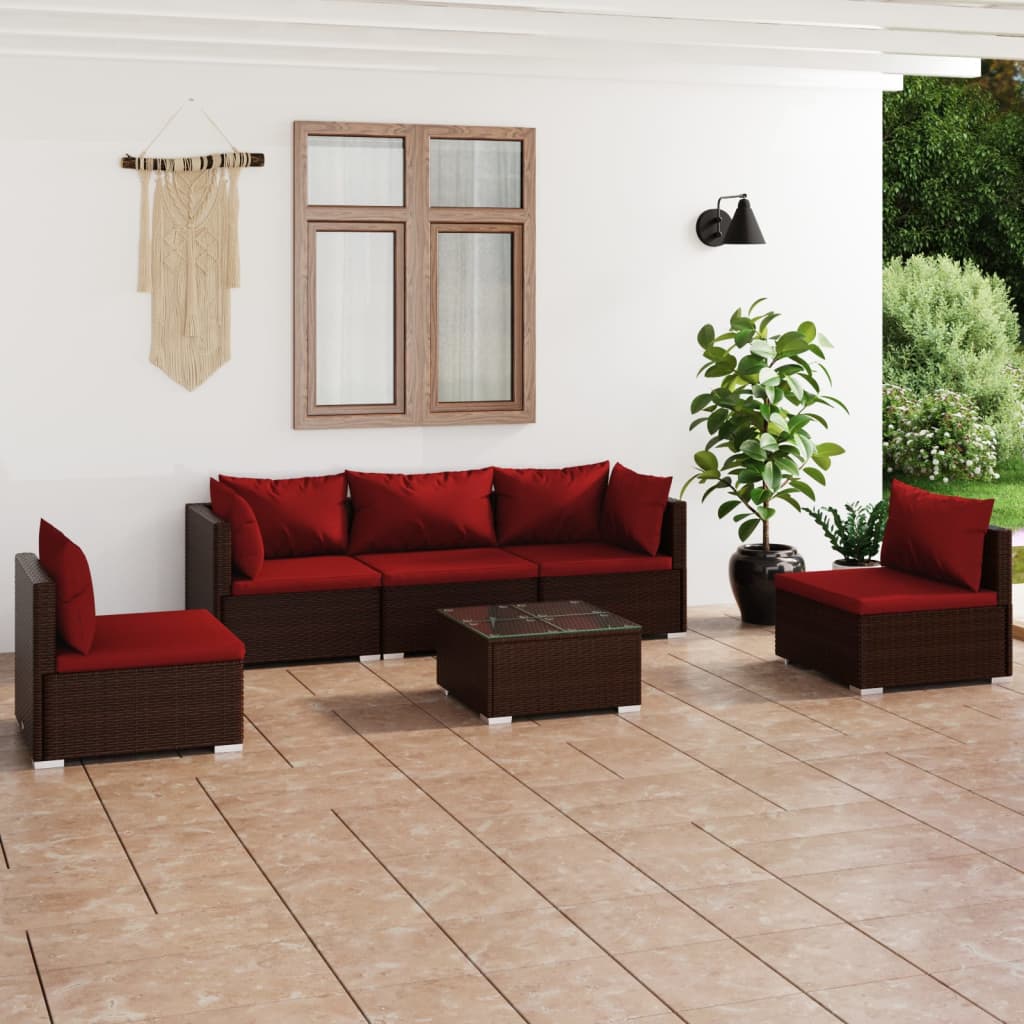 6 Piece Patio Lounge Set with Cushions Poly Rattan Brown