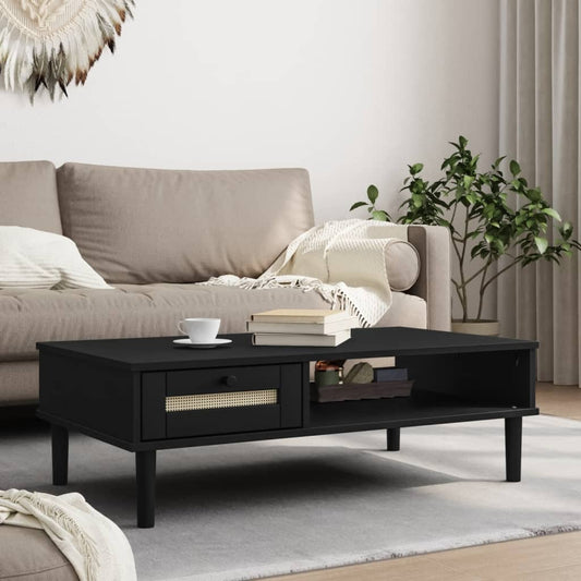 Coffee Table SENJA Rattan Look Black 39.4"x21.7"x13" Solid Wood