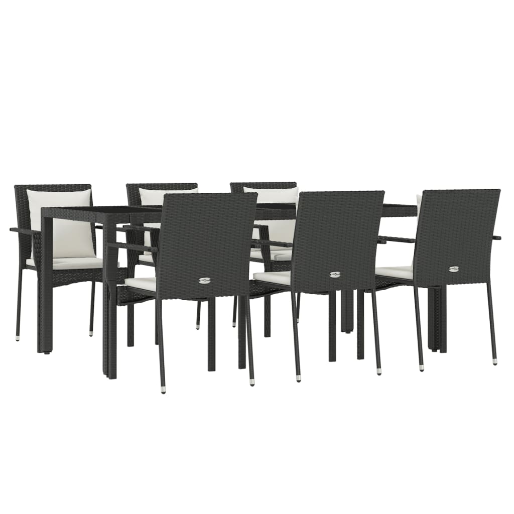 7 Piece Patio Dining Set with Cushions Black Poly Rattan