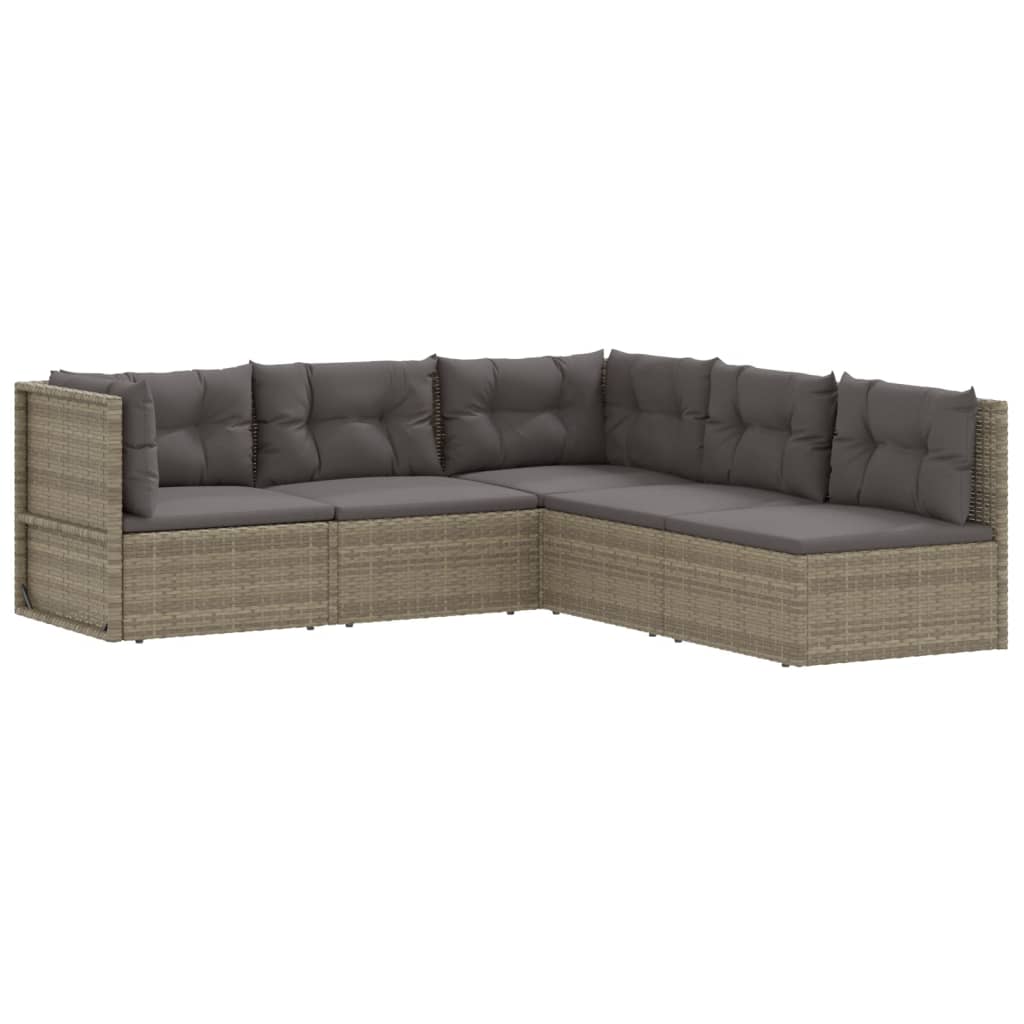 5 Piece Patio Lounge Set with Cushions Gray Poly Rattan