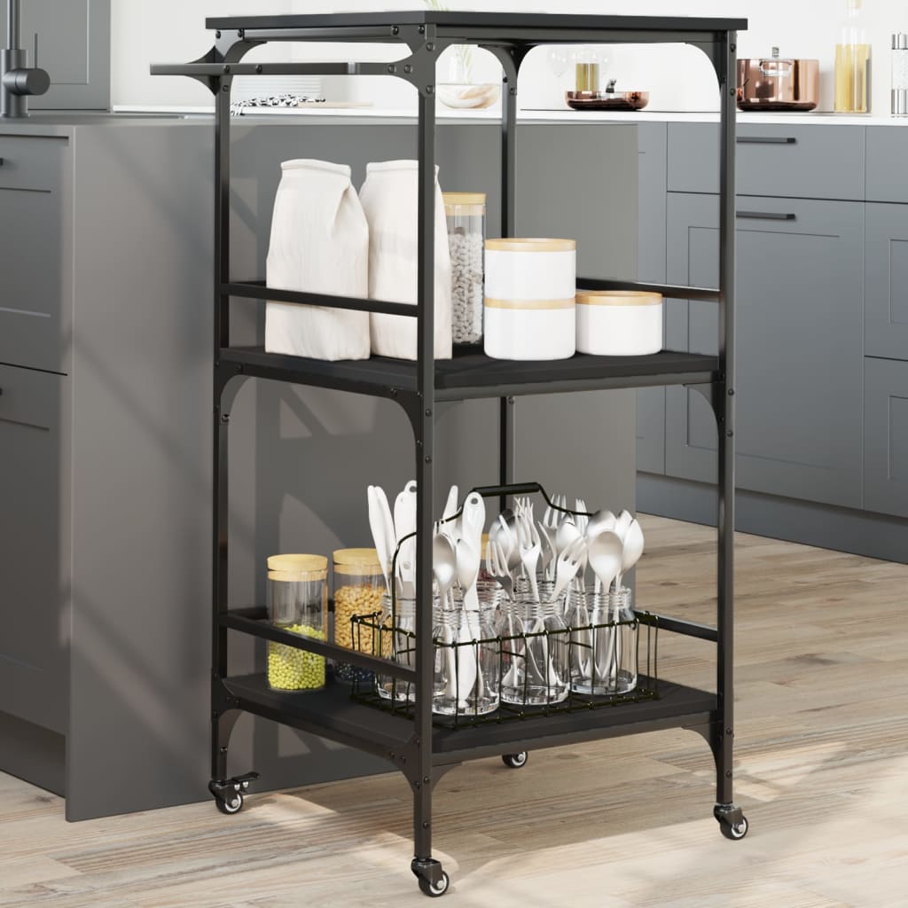 Kitchen Trolley Black 23.8"x19.7"x41.3" Engineered Wood