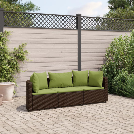 3 Piece Patio Sofa Set with Cushions Brown Poly Rattan