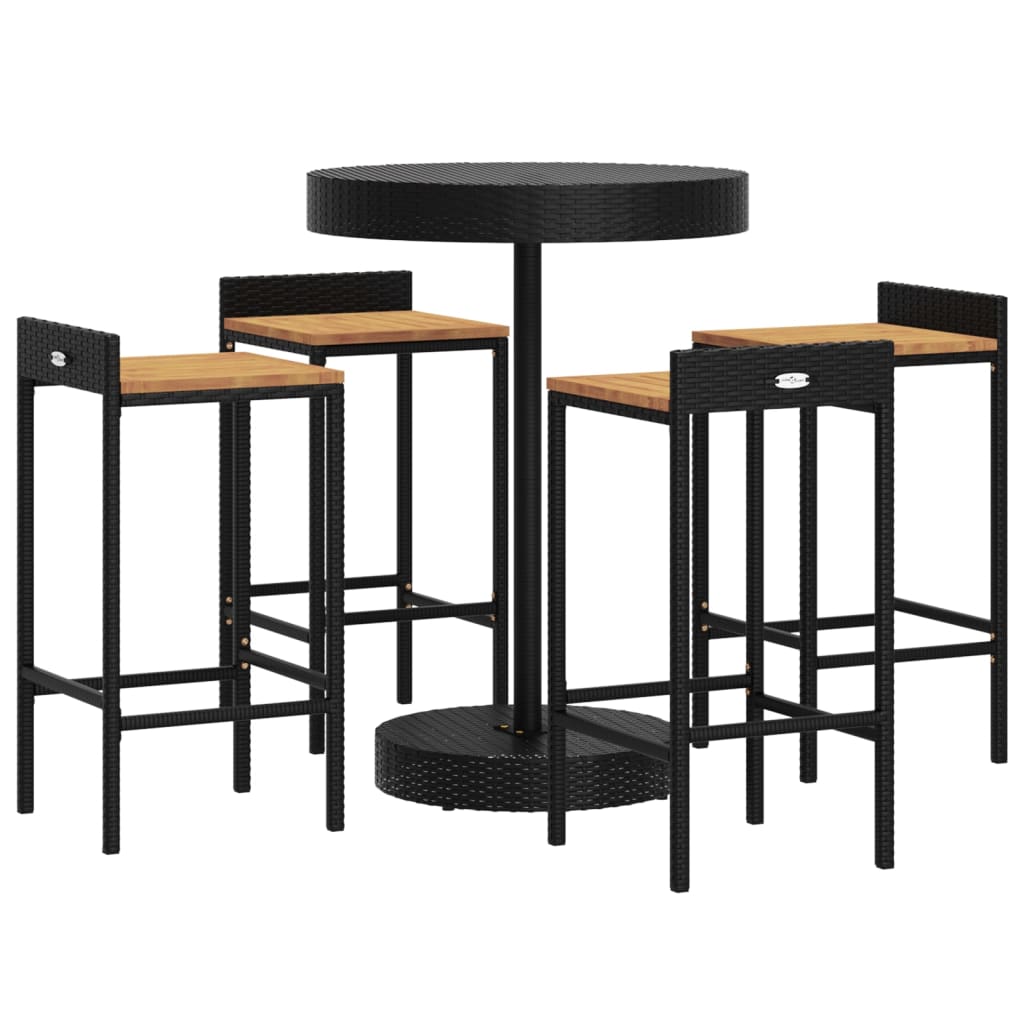 5 Piece Patio Bar Set Black Poly Rattan&Solid Wood Acacia