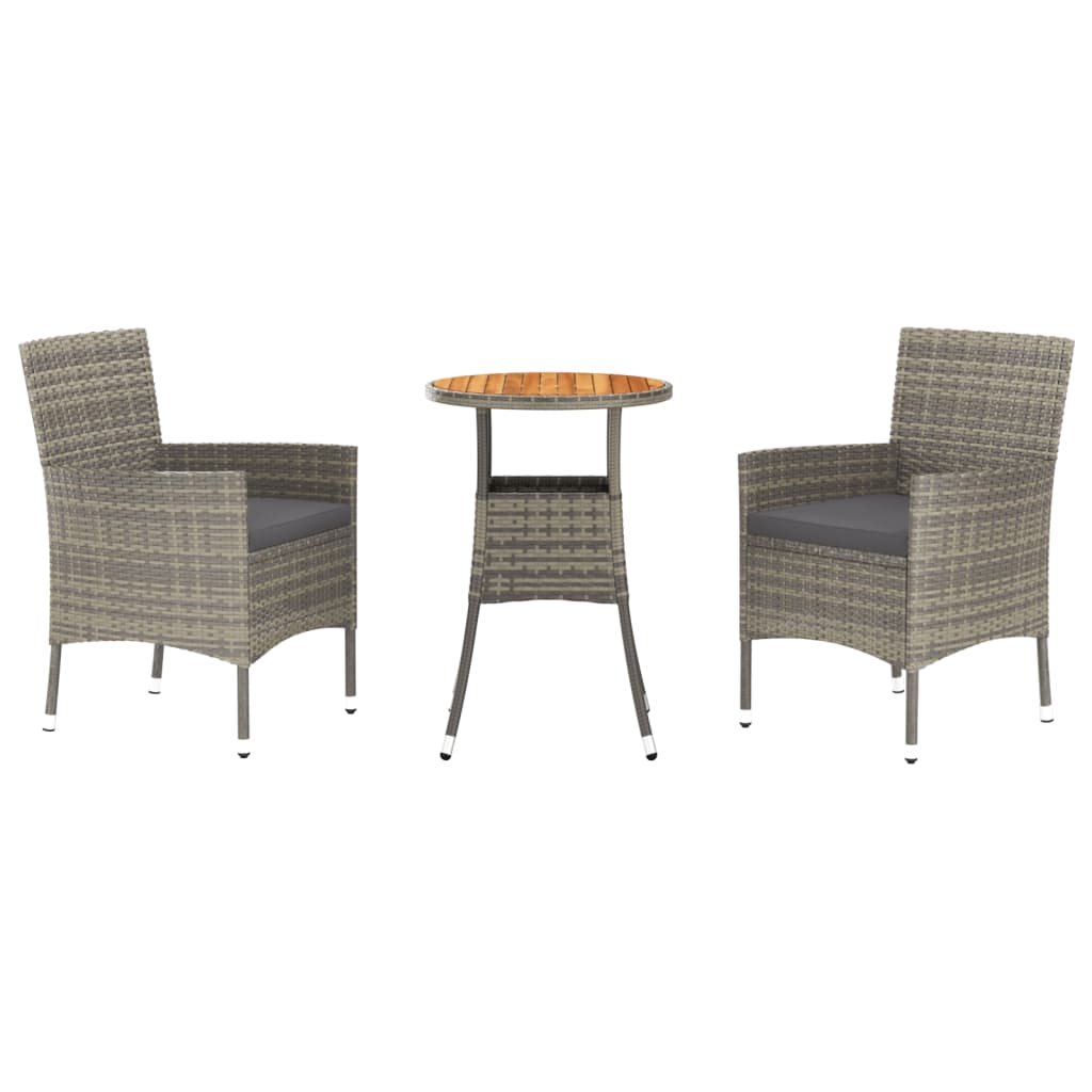 3 Piece Patio Bistro Set with Cushions Gray Poly Rattan