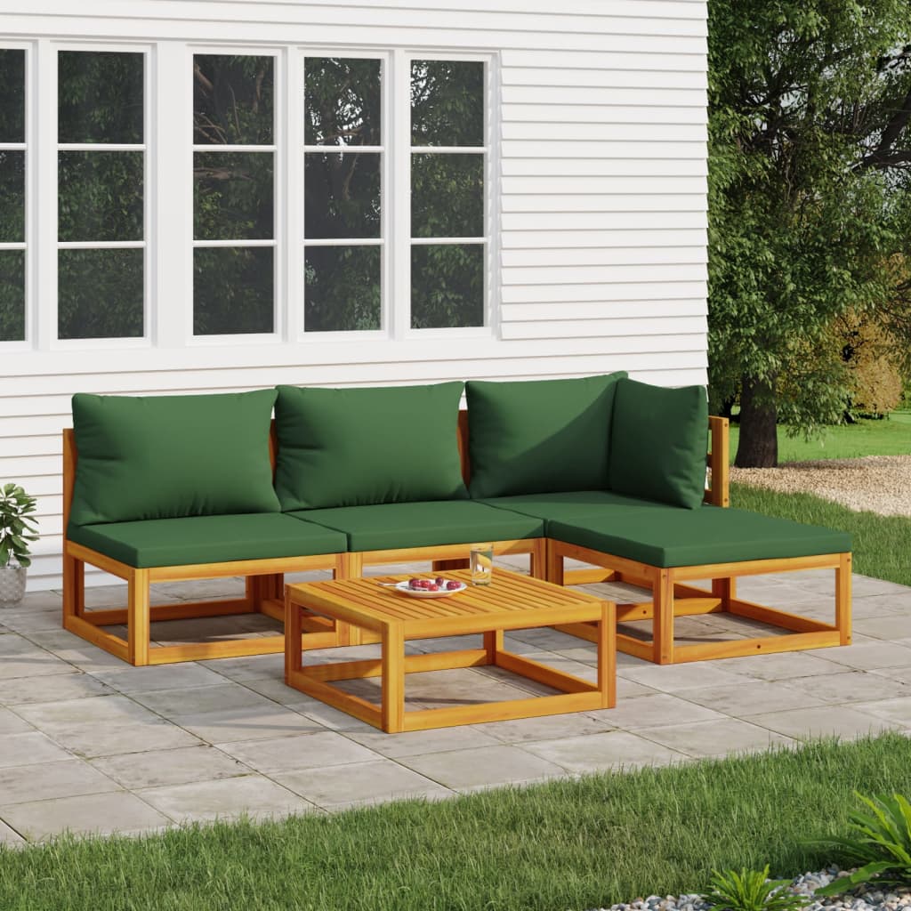 5 Piece Patio Lounge Set with Green Cushions Solid Wood