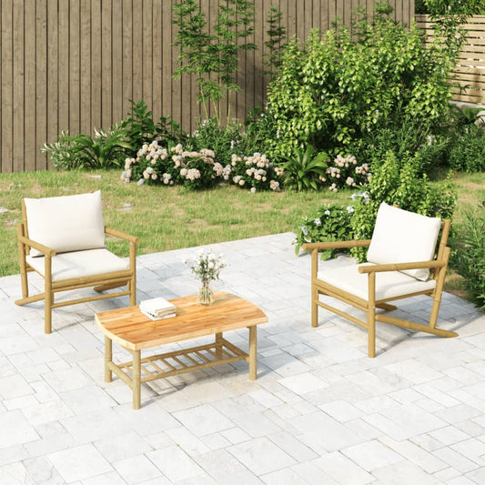 3 Piece Patio Lounge Set with Cream White Cushions Bamboo