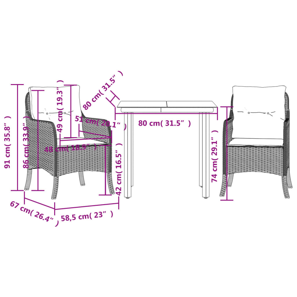 3 Piece Patio Dining Set with Cushions Gray Poly Rattan