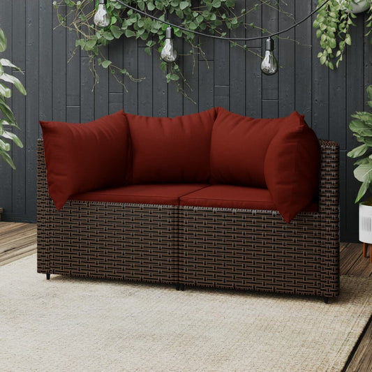 Patio Corner Sofas with Cushions 2 pcs Brown Poly Rattan