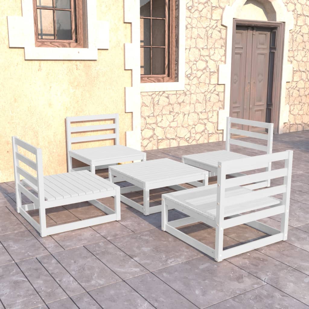 5 Piece Patio Lounge Set White Solid Pinewood