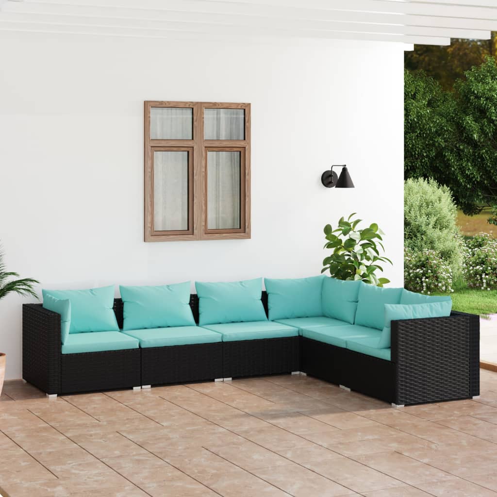 6 Piece Patio Lounge Set with Cushions Poly Rattan Black