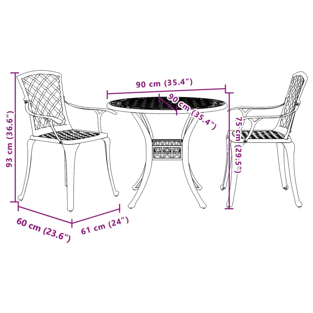 3 Piece Bistro Set White Cast Aluminum