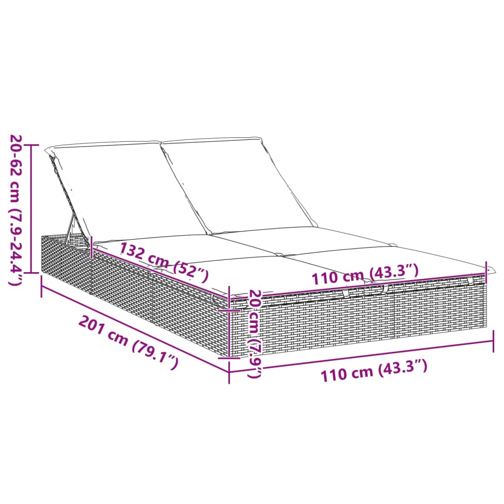 2-Person Sunbed with Cushions Gray Poly Rattan