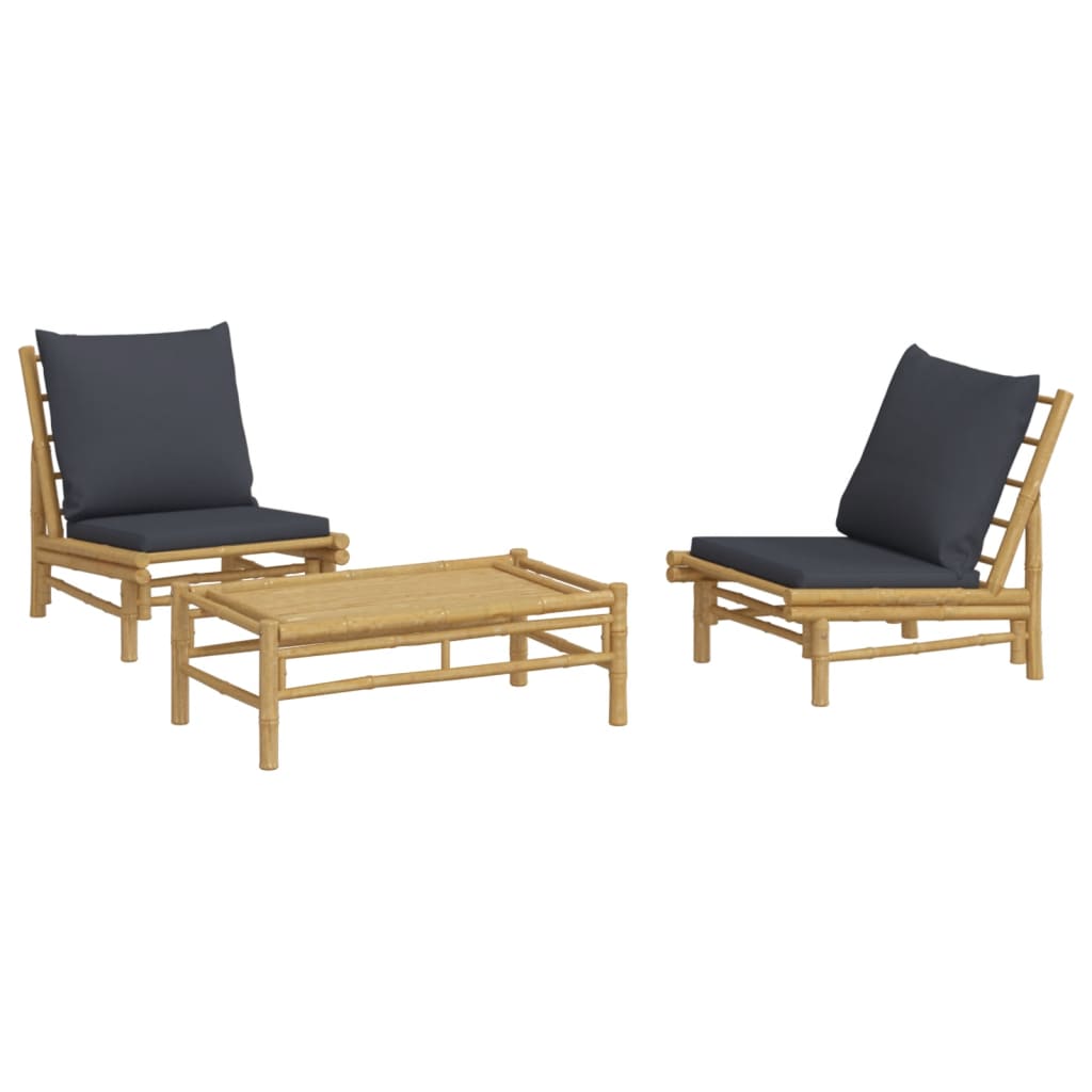 3 Piece Patio Lounge Set with Dark Gray Cushions Bamboo