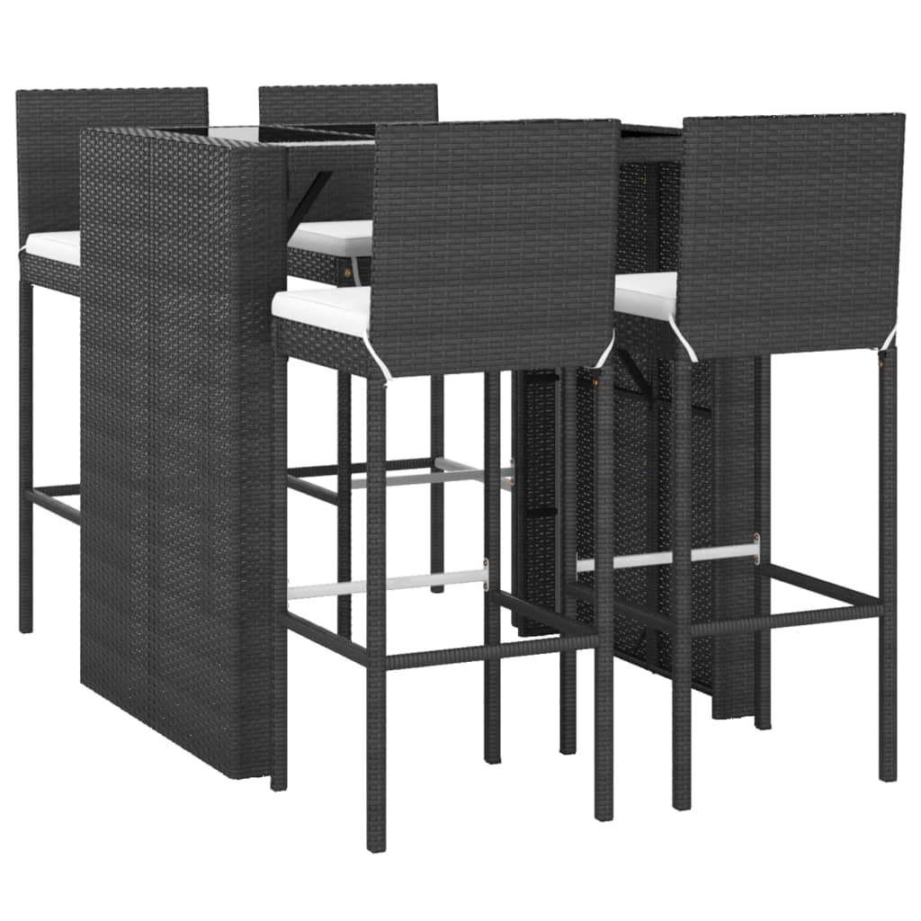 5 Piece Patio Bar Set with Cushions Black Poly Rattan