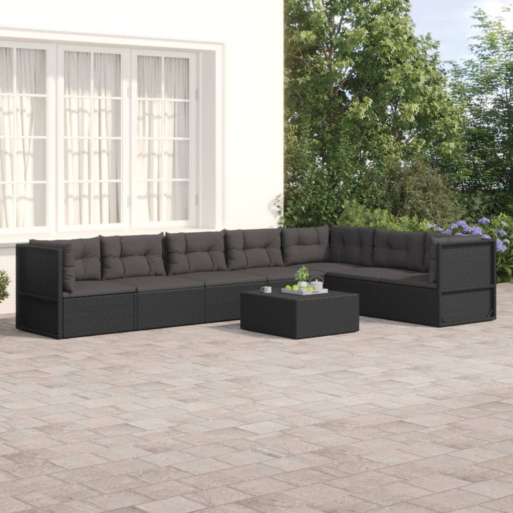 7 Piece Patio Lounge Set with Cushions Black Poly Rattan