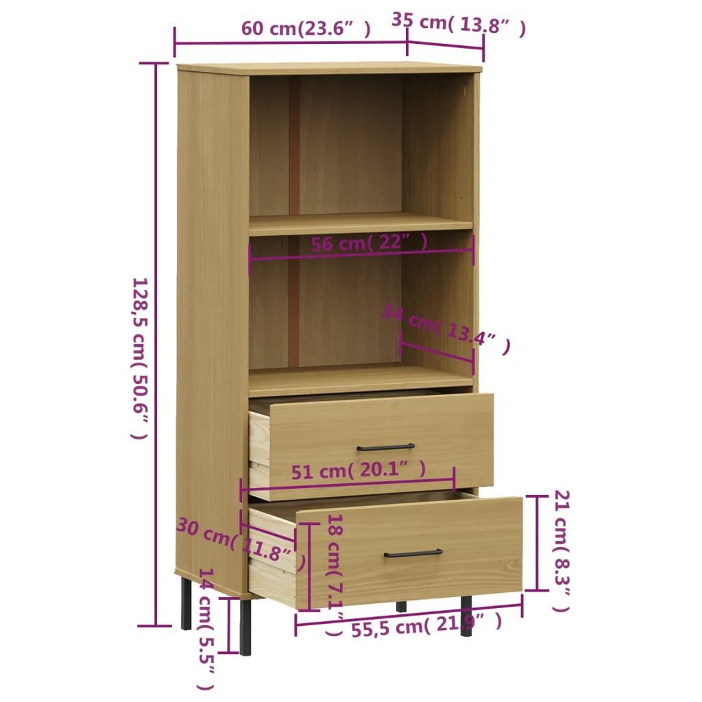 Bookcase with 2 Drawers Brown 23.6"x13.8"x50.6" Solid Wood OSLO