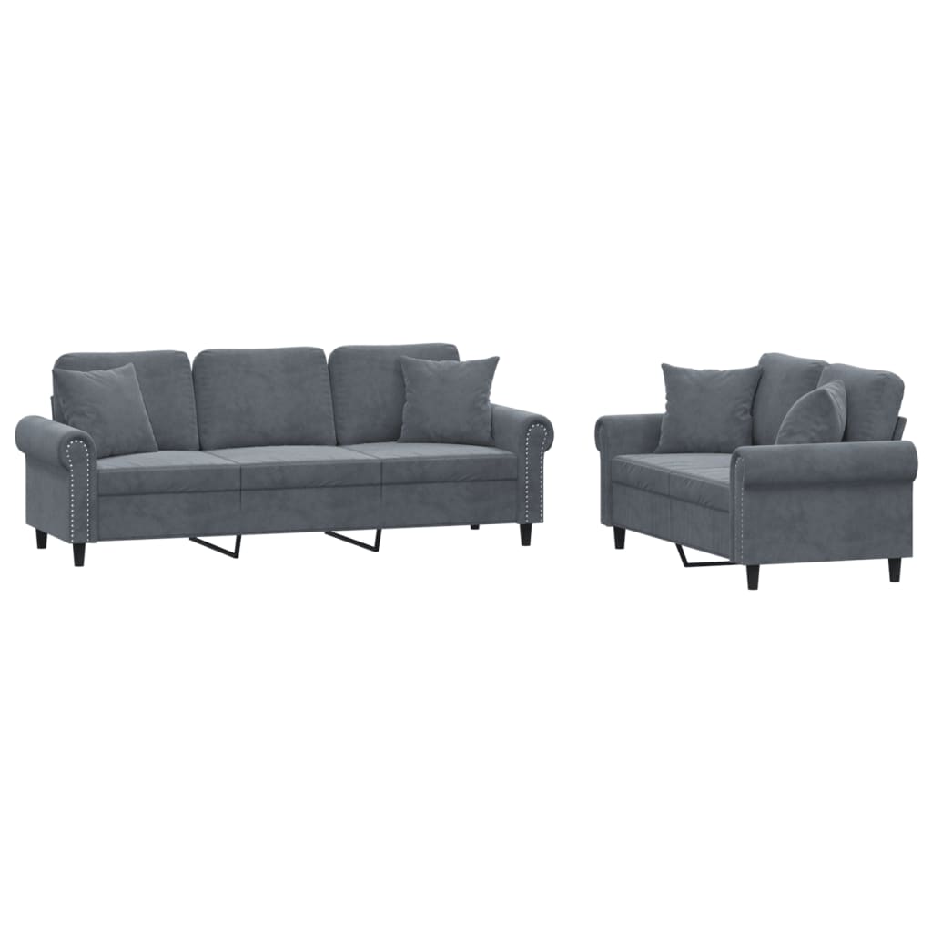 2 Piece Sofa Set with Pillows Dark Gray Velvet