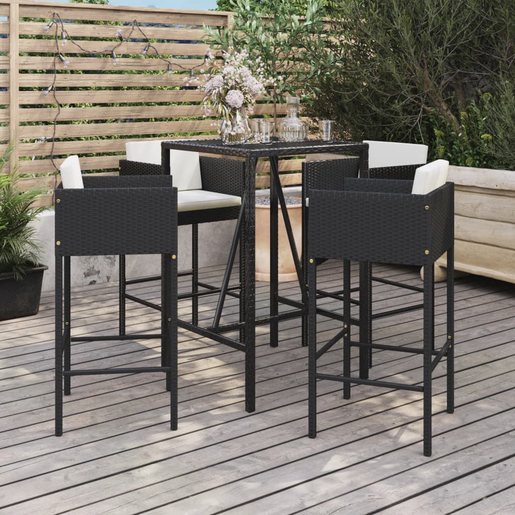 5 Piece Patio Bar Set with Cushions Black Poly Rattan