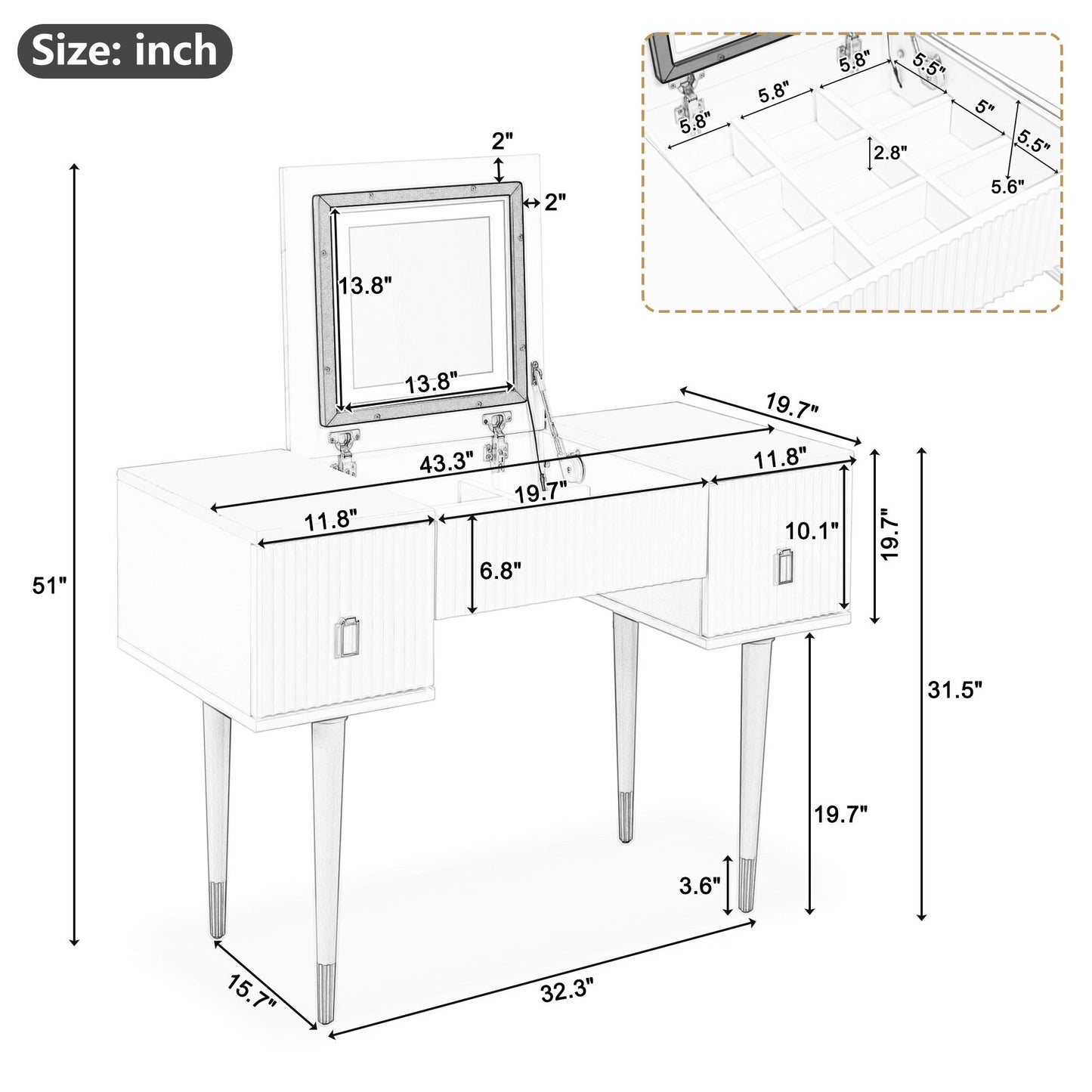 43.3" Modern Vanity Table Set with Flip-top Mirror and LED Light, Dressing Table with Customizable Storage, White and Black