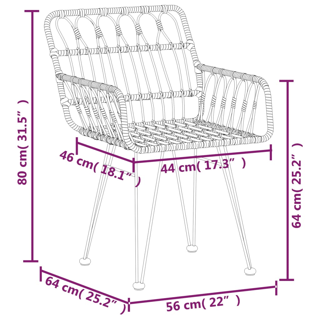 Patio Chairs 2 pcs with Armrest 22"x25.2"x31.5" PE Rattan