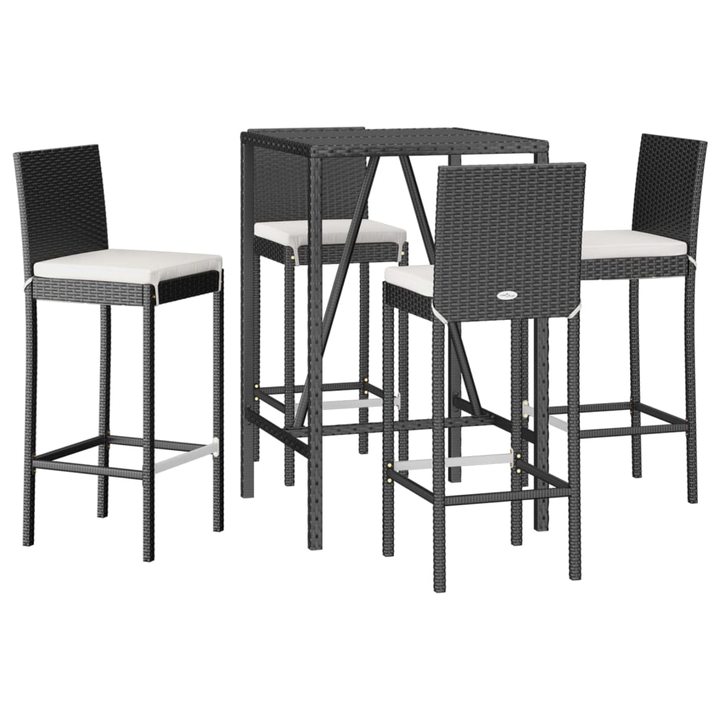 5 Piece Patio Bar Set with Cushions Black Poly Rattan