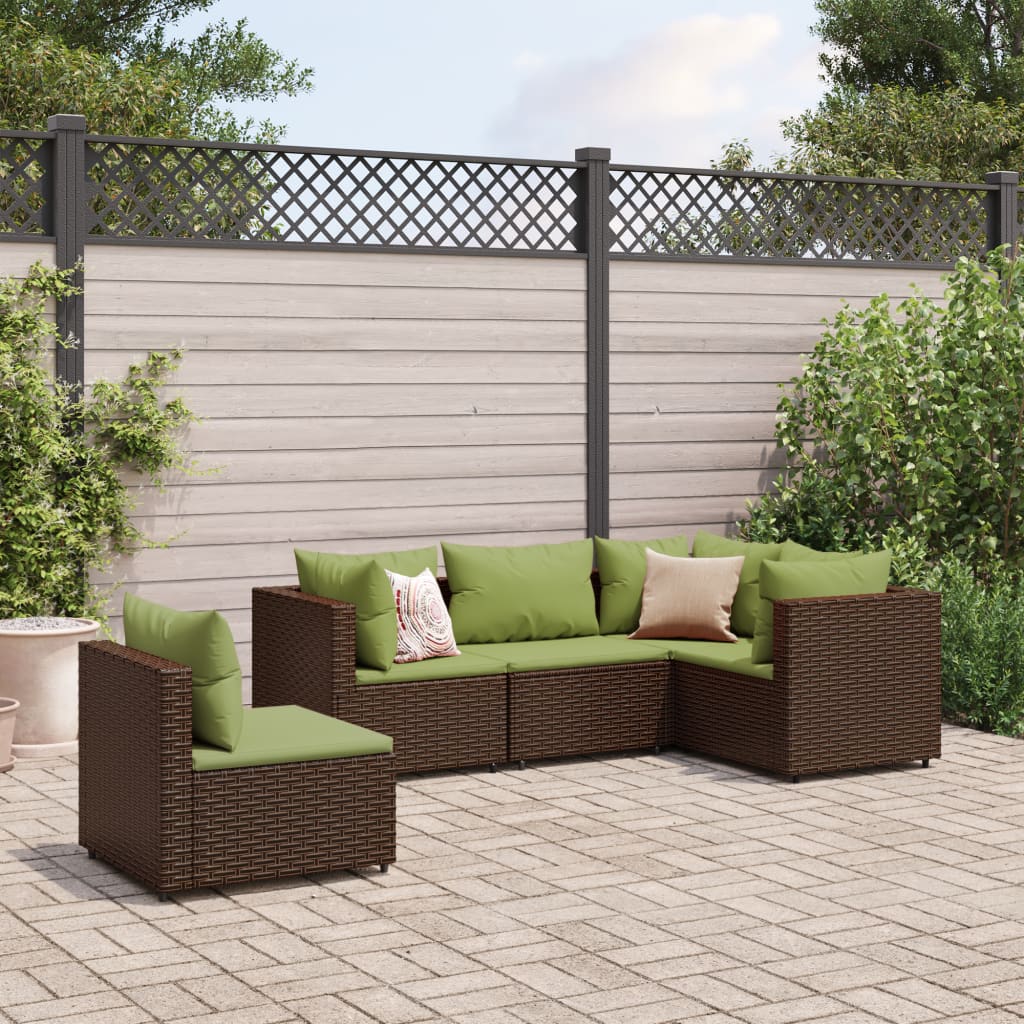 5 Piece Patio Lounge Set with Cushions Brown Poly Rattan