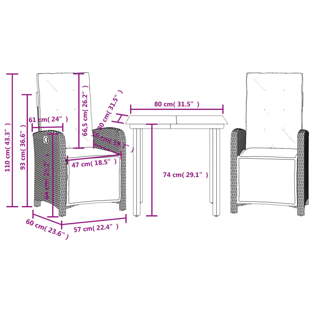 3 Piece Bistro Set with Cushions Gray Poly Rattan