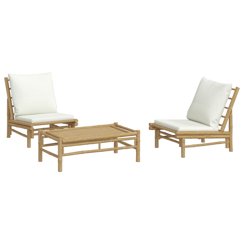 3 Piece Patio Lounge Set with Cream White Cushions Bamboo