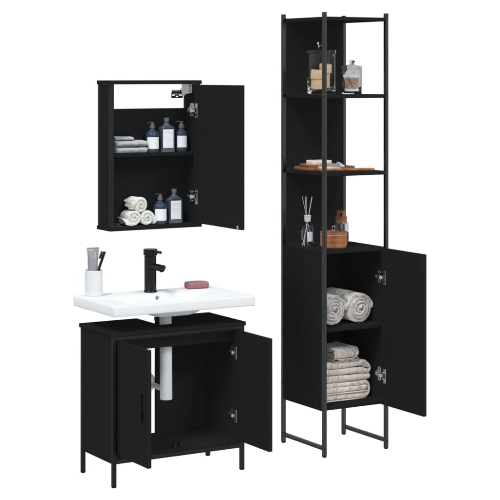 3 Piece Bathroom Furniture Set Black Engineered Wood