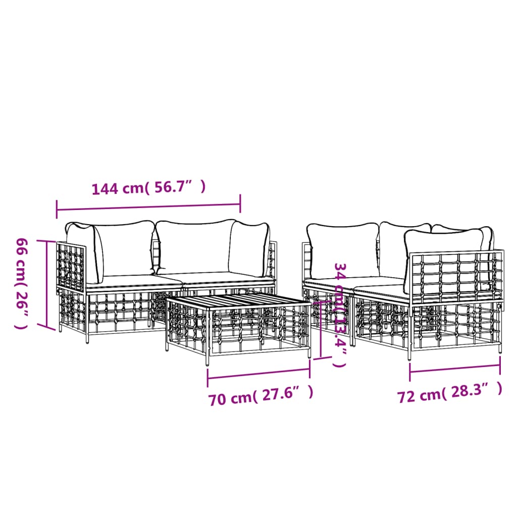 5 Piece Patio Lounge Set with Cushions Anthracite Poly Rattan