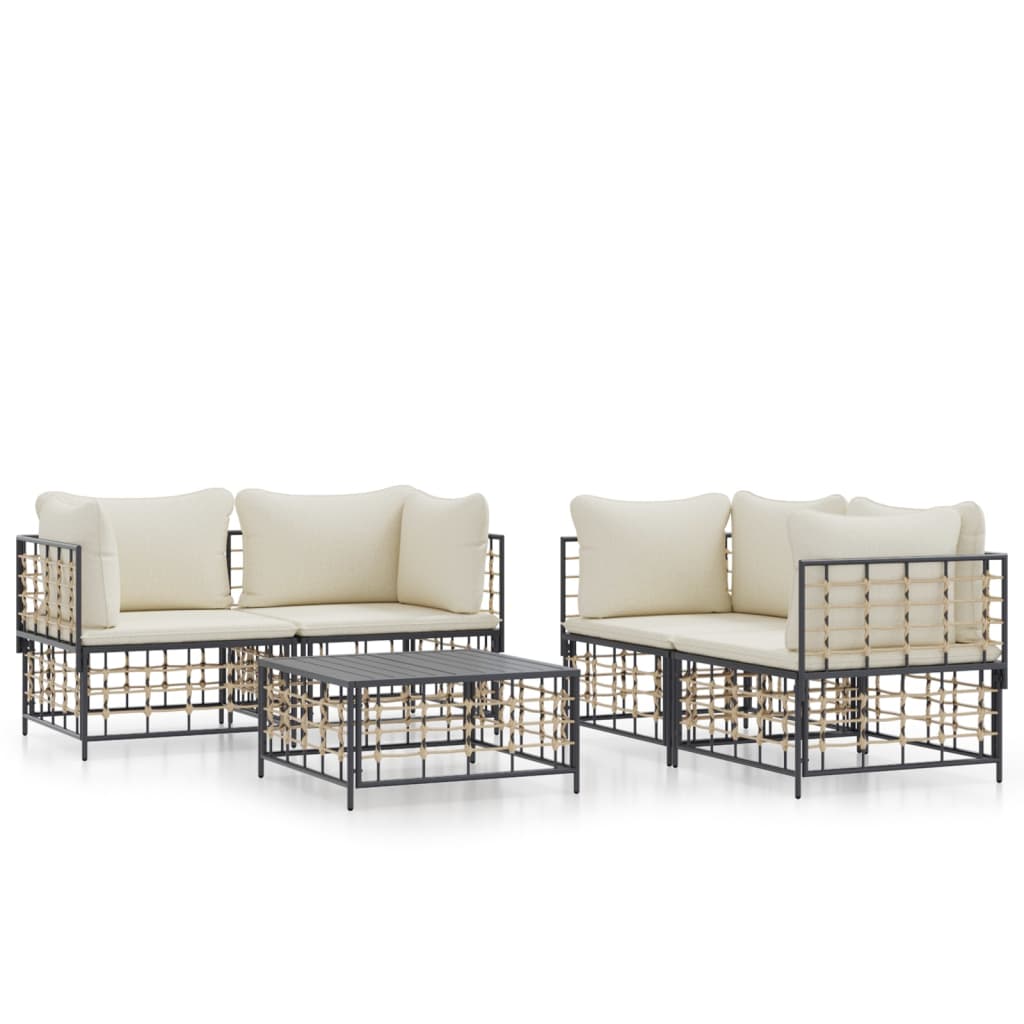 5 Piece Patio Lounge Set with Cushions Anthracite Poly Rattan