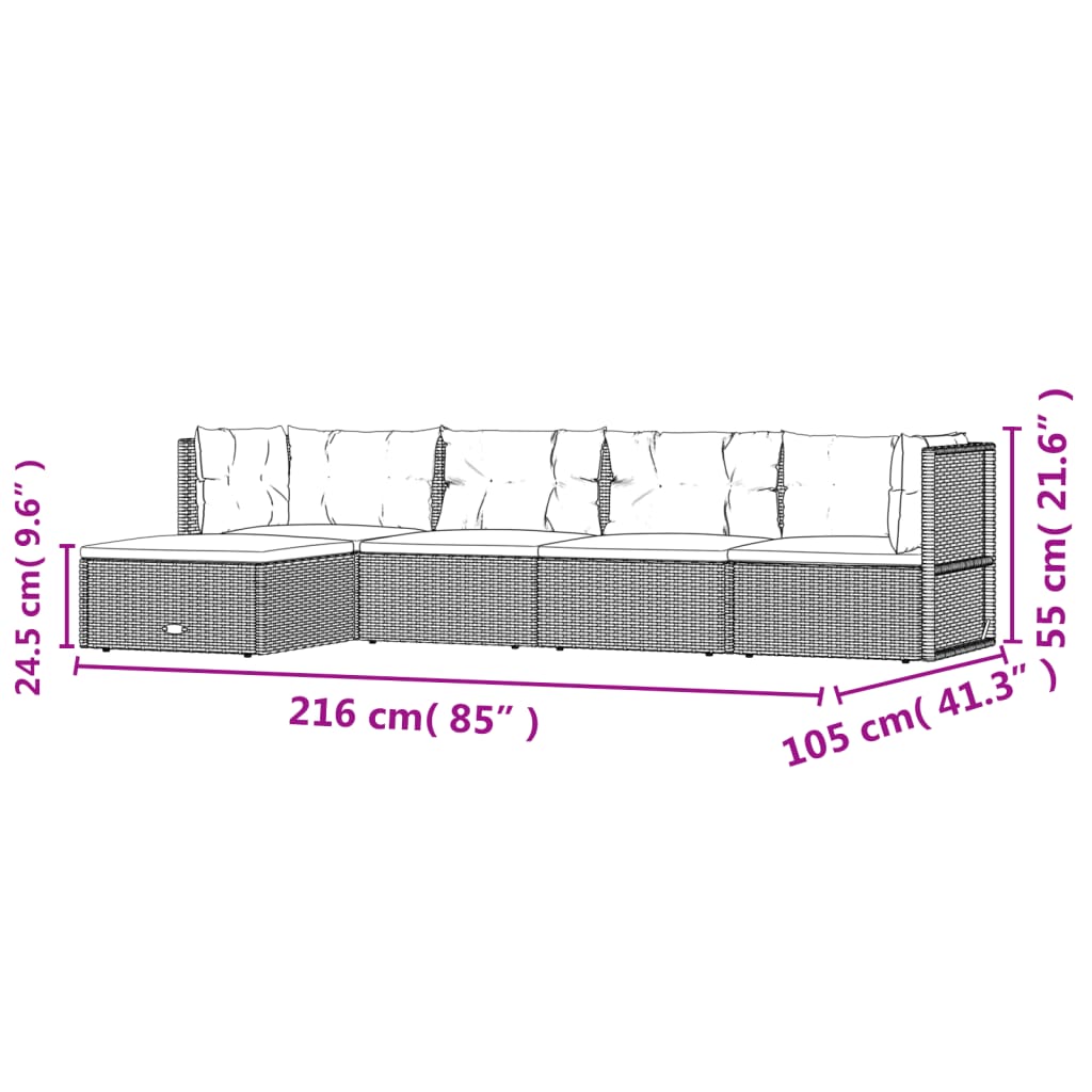 5 Piece Patio Lounge Set with Cushions Gray Poly Rattan