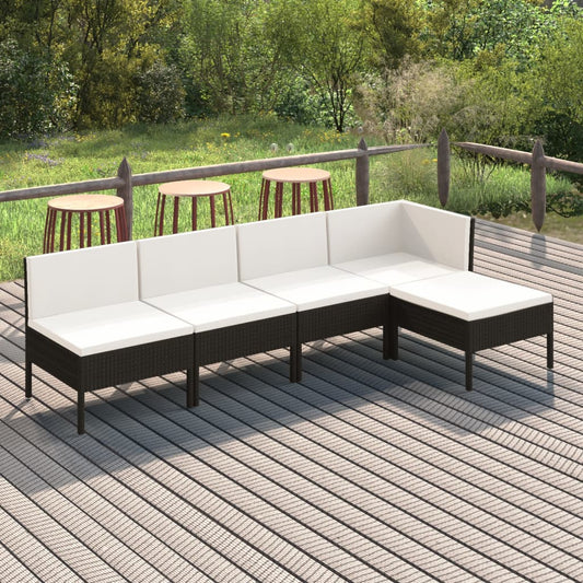 5 Piece Patio Lounge Set with Cushions Poly Rattan Black