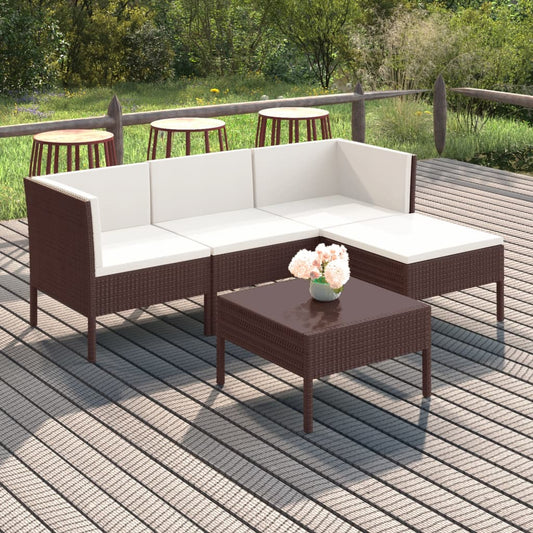 5 Piece Patio Lounge Set with Cushions Poly Rattan Brown