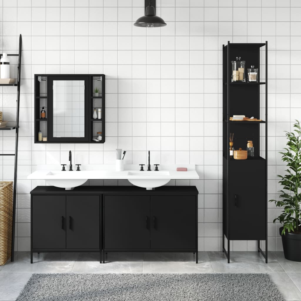 4 Piece Bathroom Cabinet Set Black Engineered Wood