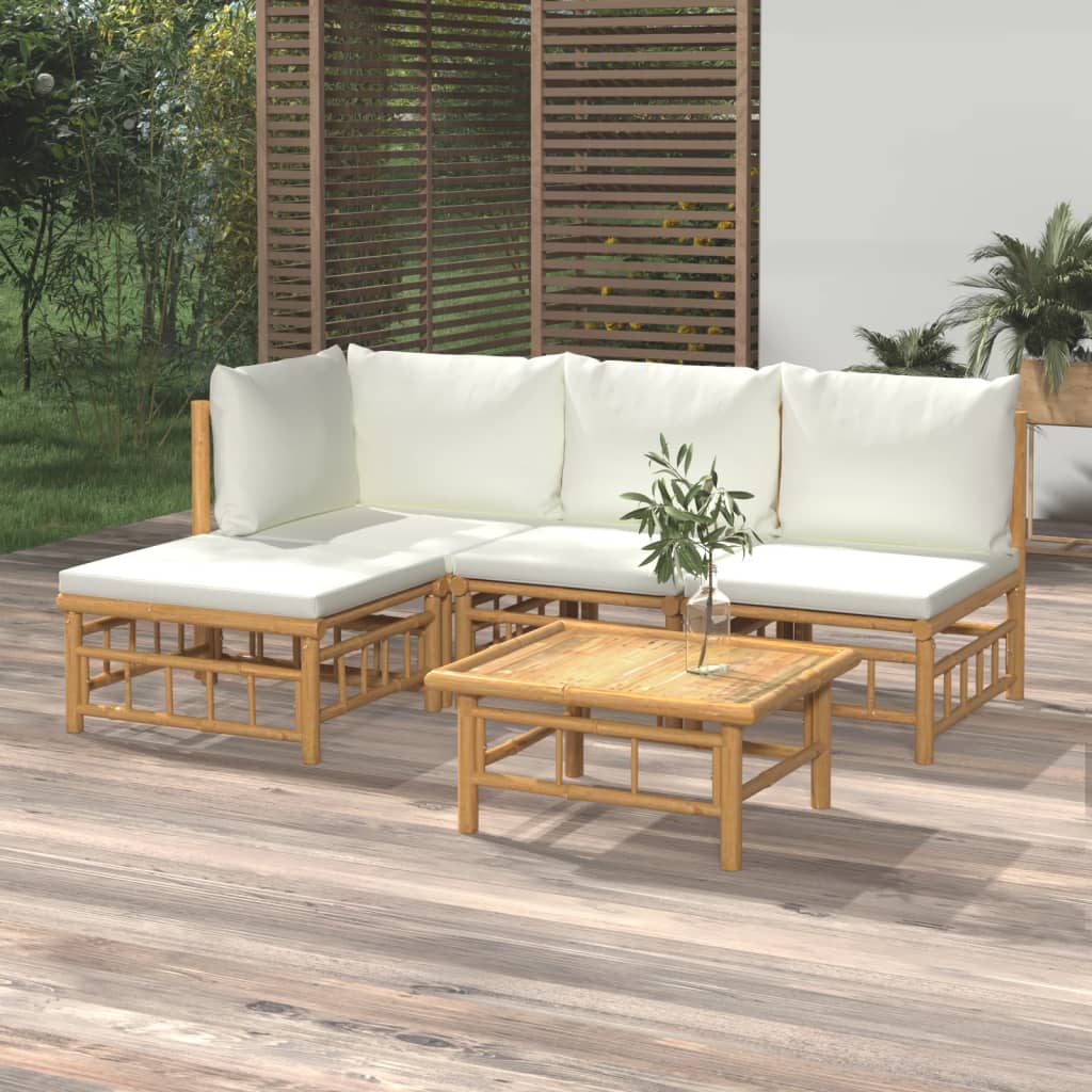 5 Piece Patio Lounge Set with Cream White Cushions Bamboo