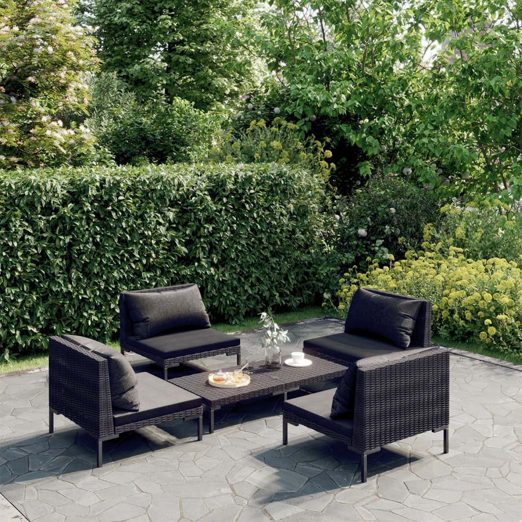 5 Piece Patio Lounge Set with Cushions Poly Rattan Dark Gray